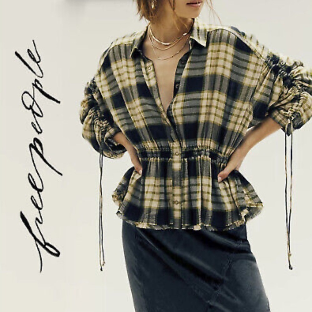 Free People shirt We The Free Black and Green Plaid Pacific Dawn Frayed small